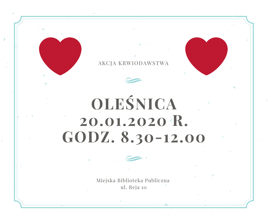 Zapraszamy na akcję krwiodawstwa do Oleśnicy - 20.01.2020 r.