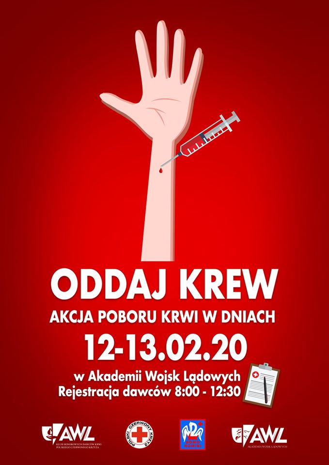 Klub HDK PCK przy AWL we Wrocławiu zachęca do udziału w lutowych akcjach krwiodawstwa  -  12-13.02.2020 r.