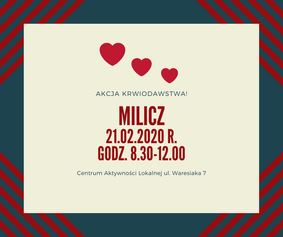 Zapraszamy na akcję krwiodawstwa do Milicza - 21.02.2020 r.