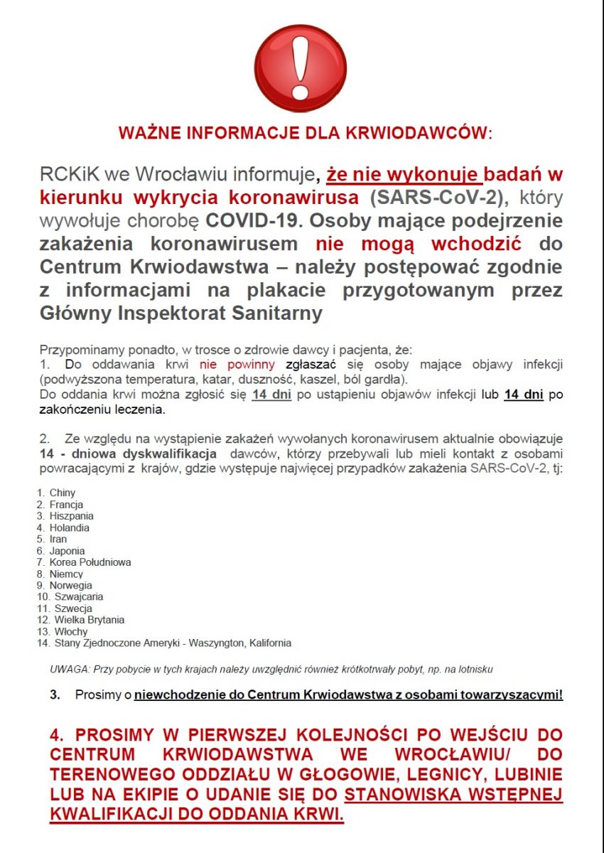 Ważny komunikat dla Krwiodawców