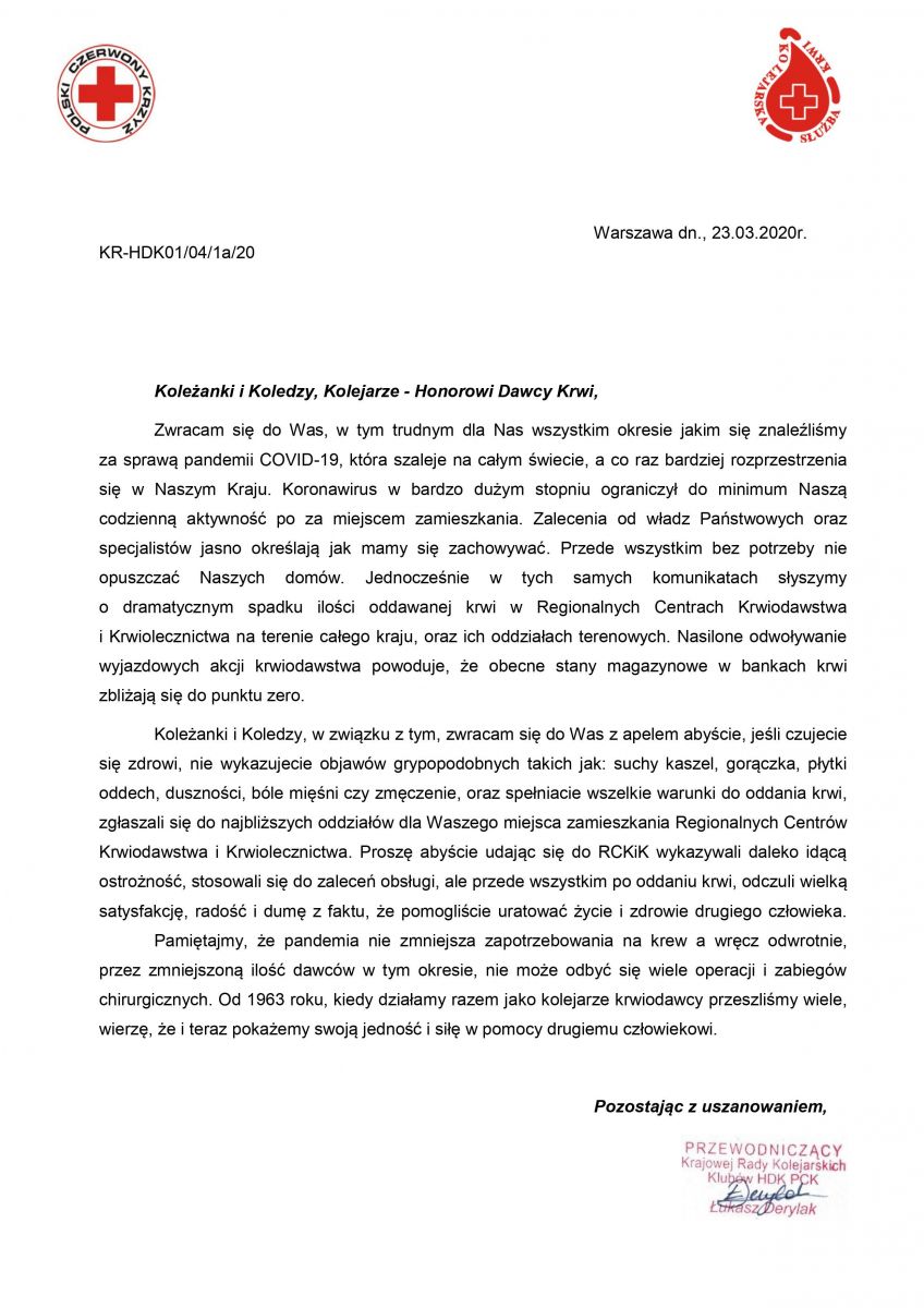 APEL KOLEJARZY O ODDAWANIE KRWI