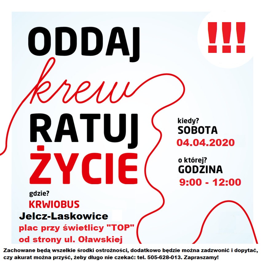 Akcja krwiodawstwa w Jelczu-Laskowicach - 4.04.2020 r.
