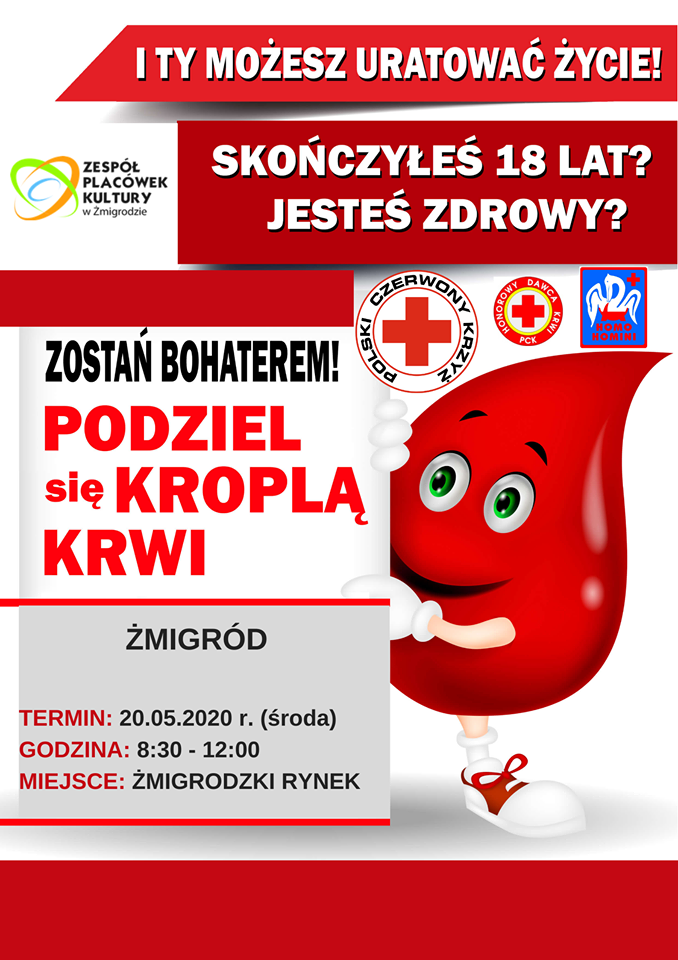 Zapraszamy na akcje krwiodawstwa do Żmigrodu - 20.05.2020 r.