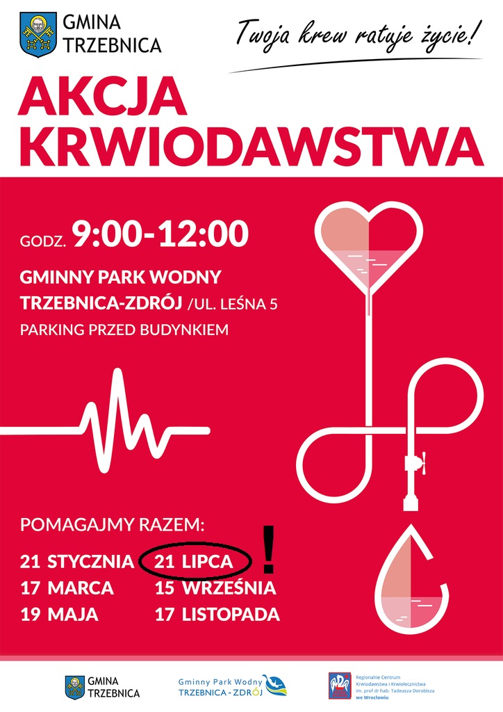 Zapraszamy na akcję krwiodawstwa do Trzebnicy - 21.07.2020 r.