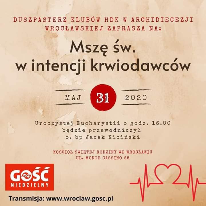 Msza Święta z okazji Światowego Dnia Krwiodawcy - 31.05.2020 r.