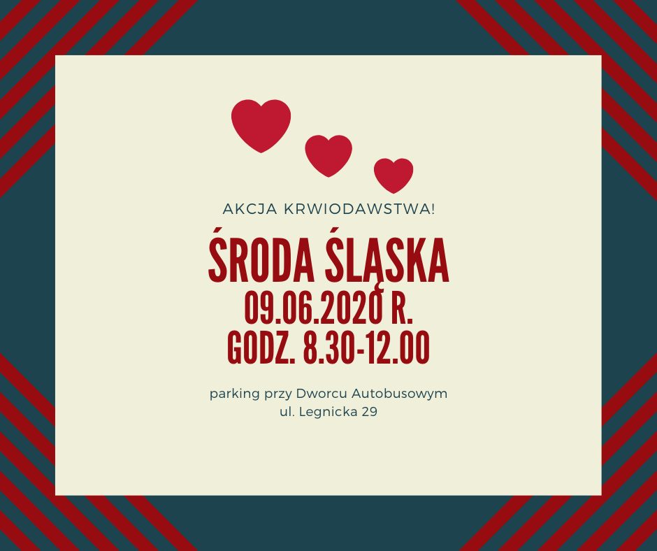 Zapraszamy na akcję krwiodawstwa do Środy Śląskiej - 09.06.2020 r.