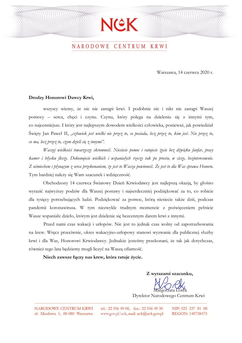 Życzenia z okazji Światowego Dnia Krwiodawcy od Dyrektora Narodowego Centrum Krwi