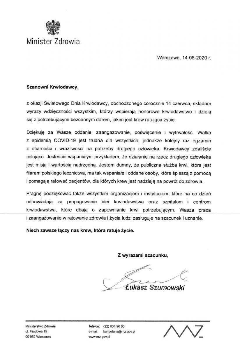 Życzenia od Ministra Zdrowia z okazji Światowego Dnia Krwiodawcy