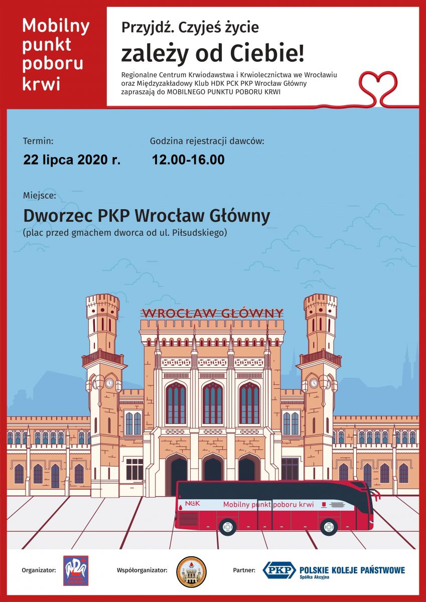 Akcja krwiodawstwa przed Dworcem Głównym PKP we Wrocławiu - 22.07.2020 r.