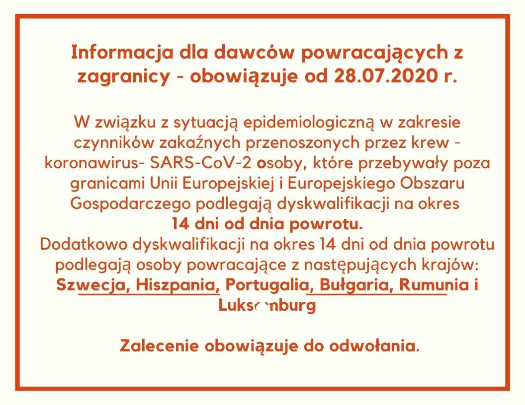Informacja dla dawców powracających  z zagranicy