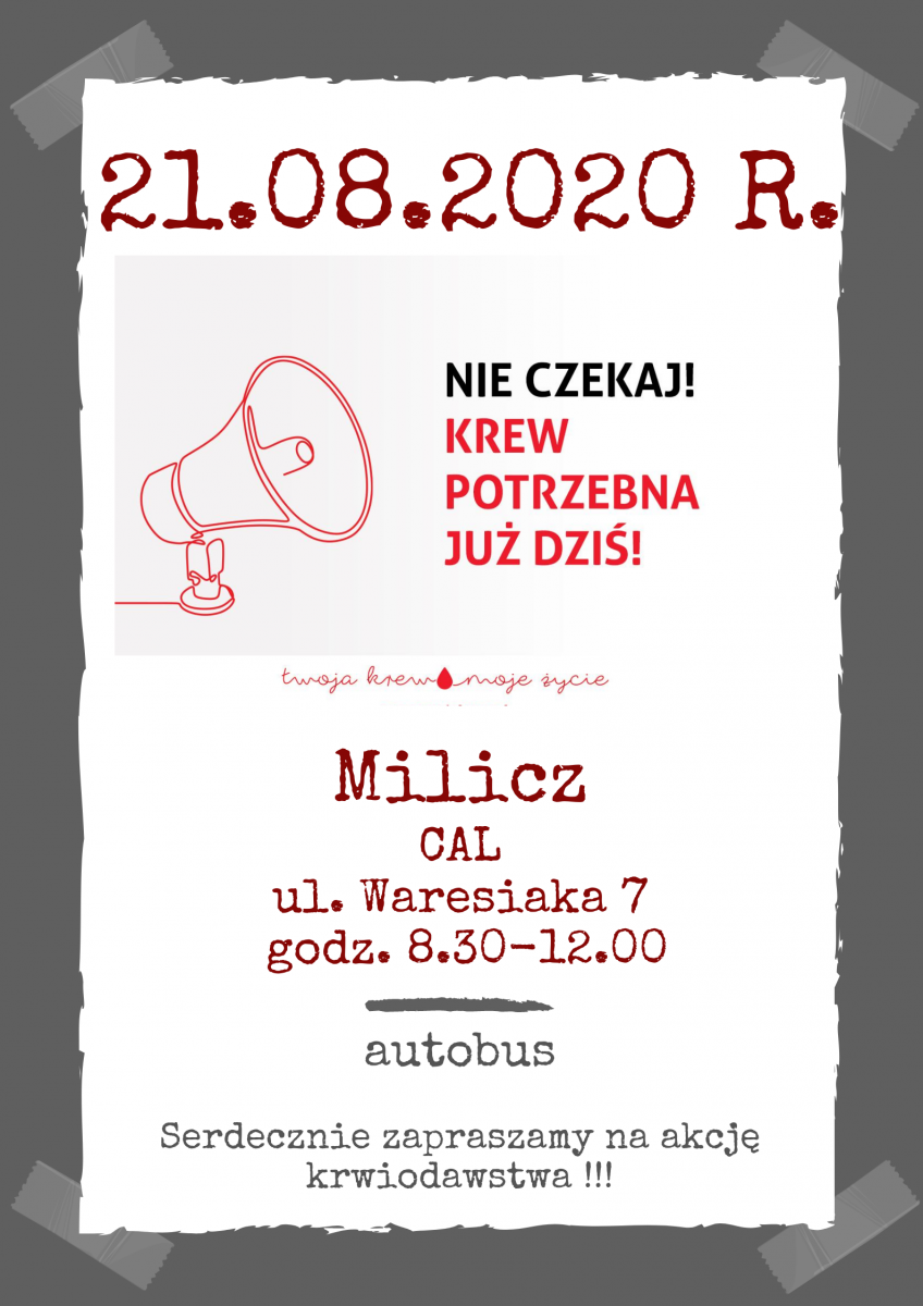 Oddaj krew w Miliczu - 21.08.2020 r.