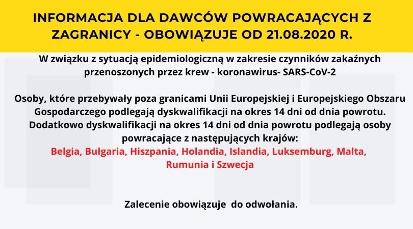 Informacja dla dawców powracających  z zagranicy