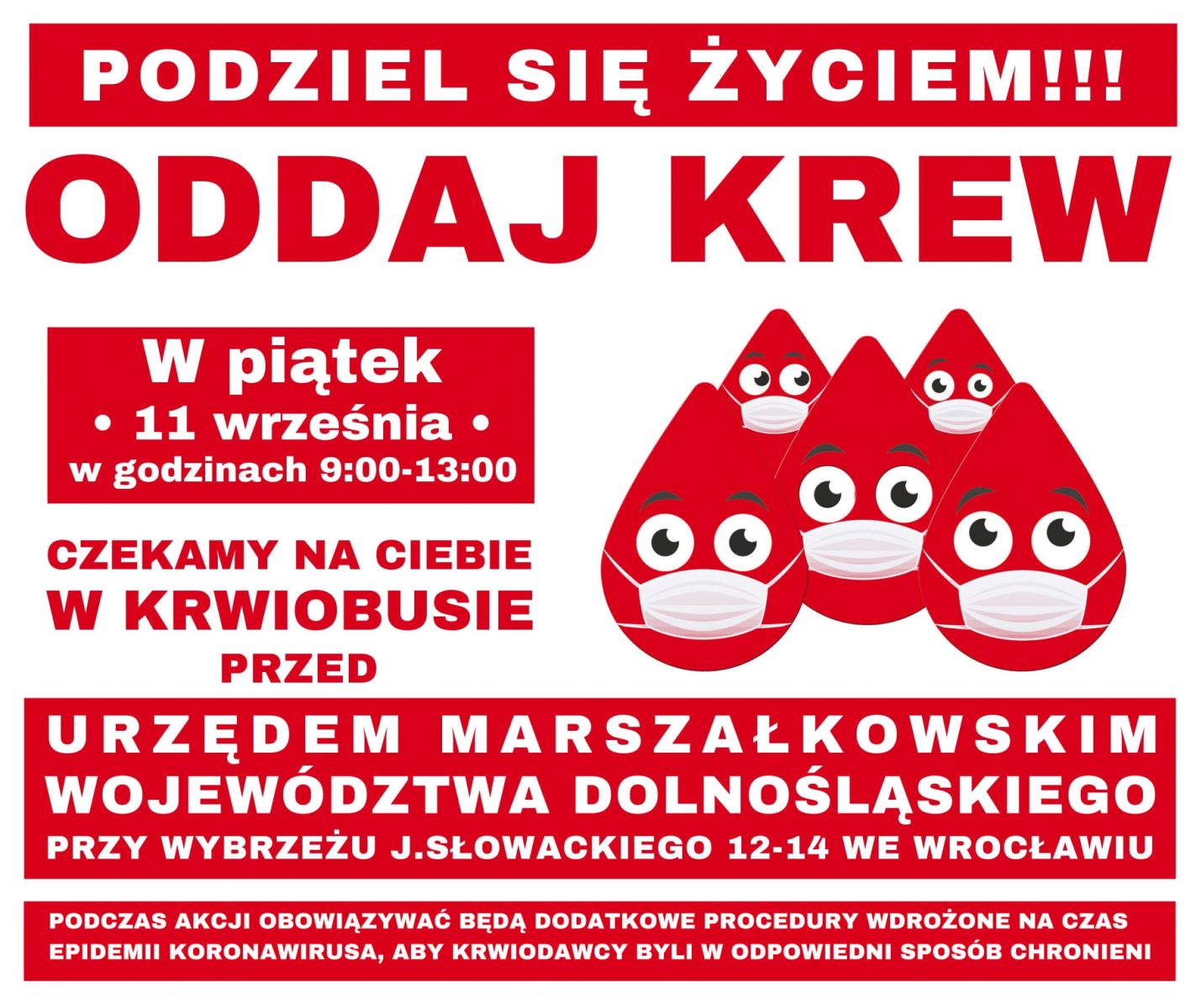 Akcja krwiodawstwa  przed Urzędem Marszałkowskim Województwa Dolnośląskiego - 11.09.2020 r.