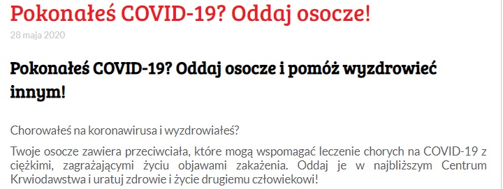 Pokonałeś COVID-19? Oddaj osocze!