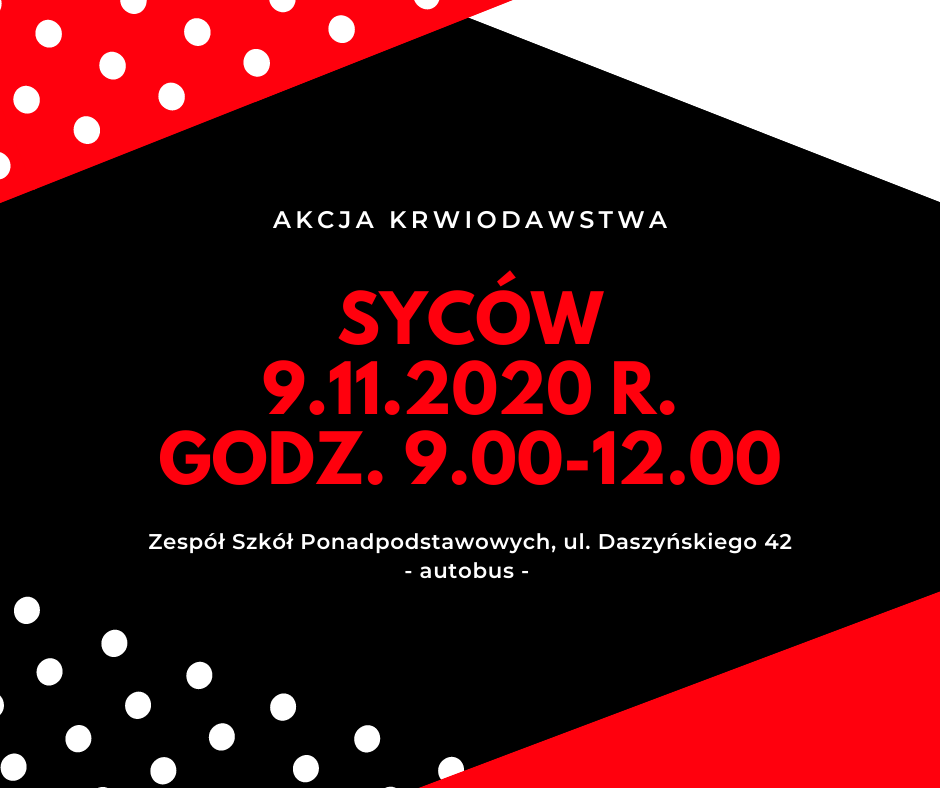 Zapraszamy do oddania krwi w Sycowie - 9.11.2020 r.