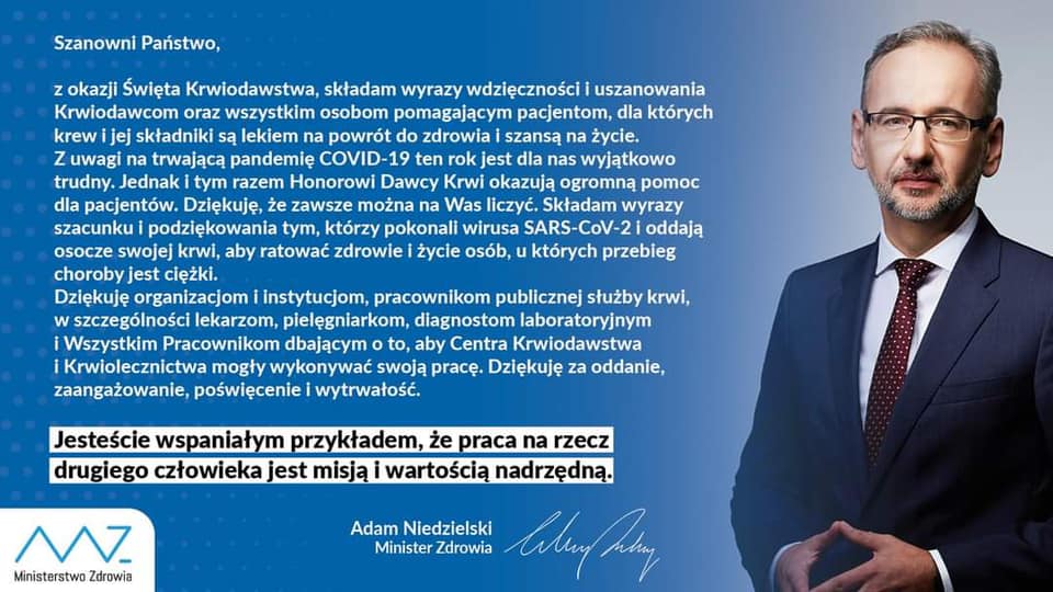 Życzenia od Ministra Zdrowia z Dni Honorowego Krwiodawstwa PCK, które obchodzimy w dniach 22-26 listopada