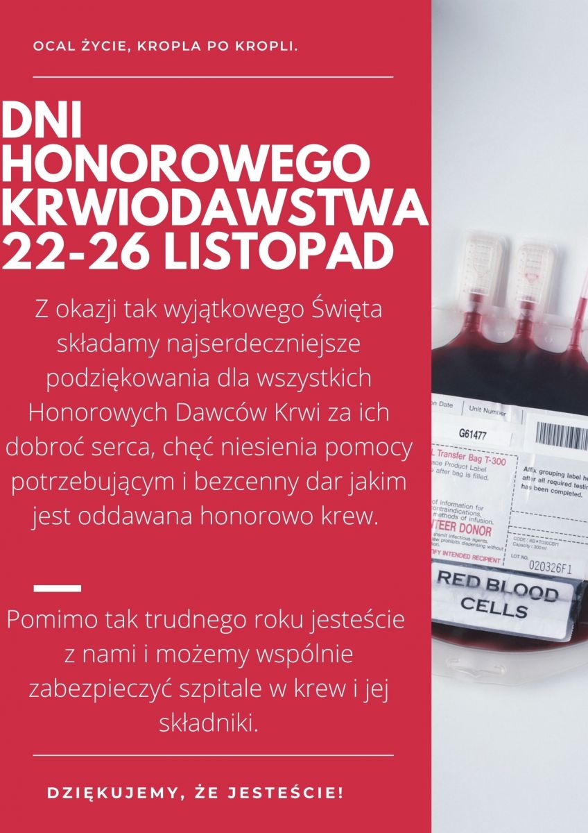 Życzenia  z Okazji Dni Honorowego Krwiodawstwa PCK, które obchodzimy w dniach 22-26 listopada