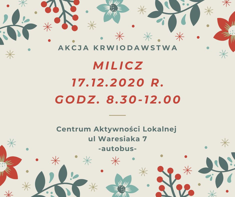 Zapraszamy na akcję krwiodawstwa w Miliczu - 17.12.2020 r.