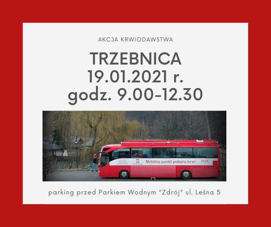 Zapraszamy na akcję krwiodawstwa do Trzebnicy - 19.01.2021 r.