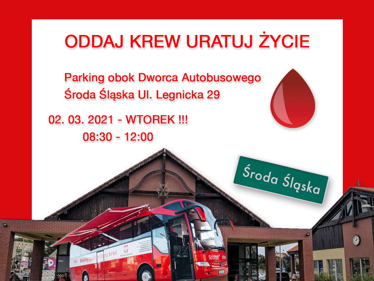 Zapraszamy na akcję krwiodawstwa do Środy Śląskiej - 2.03.2021 r.