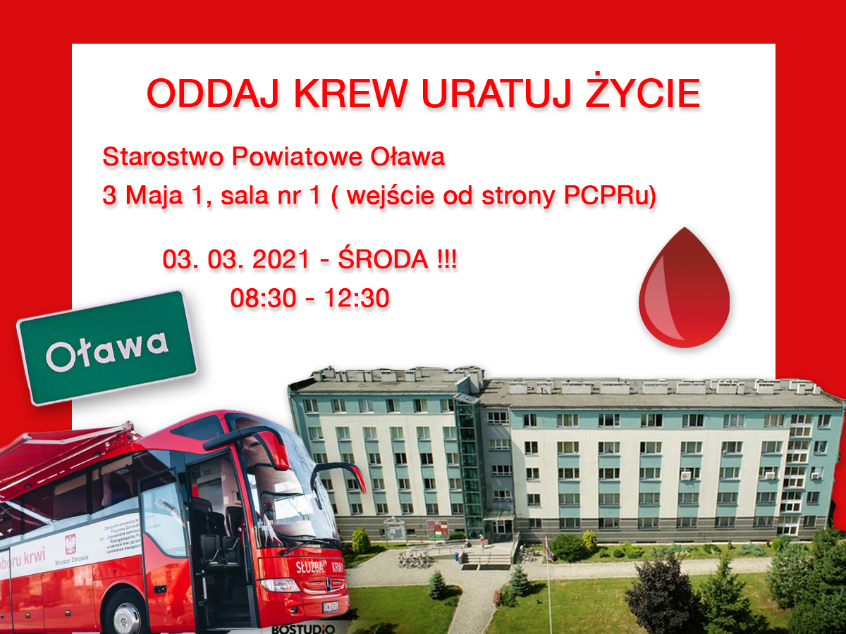 Dodatkowa akcja krwiodawstwa w Oławie - 3.03.2021 r.
