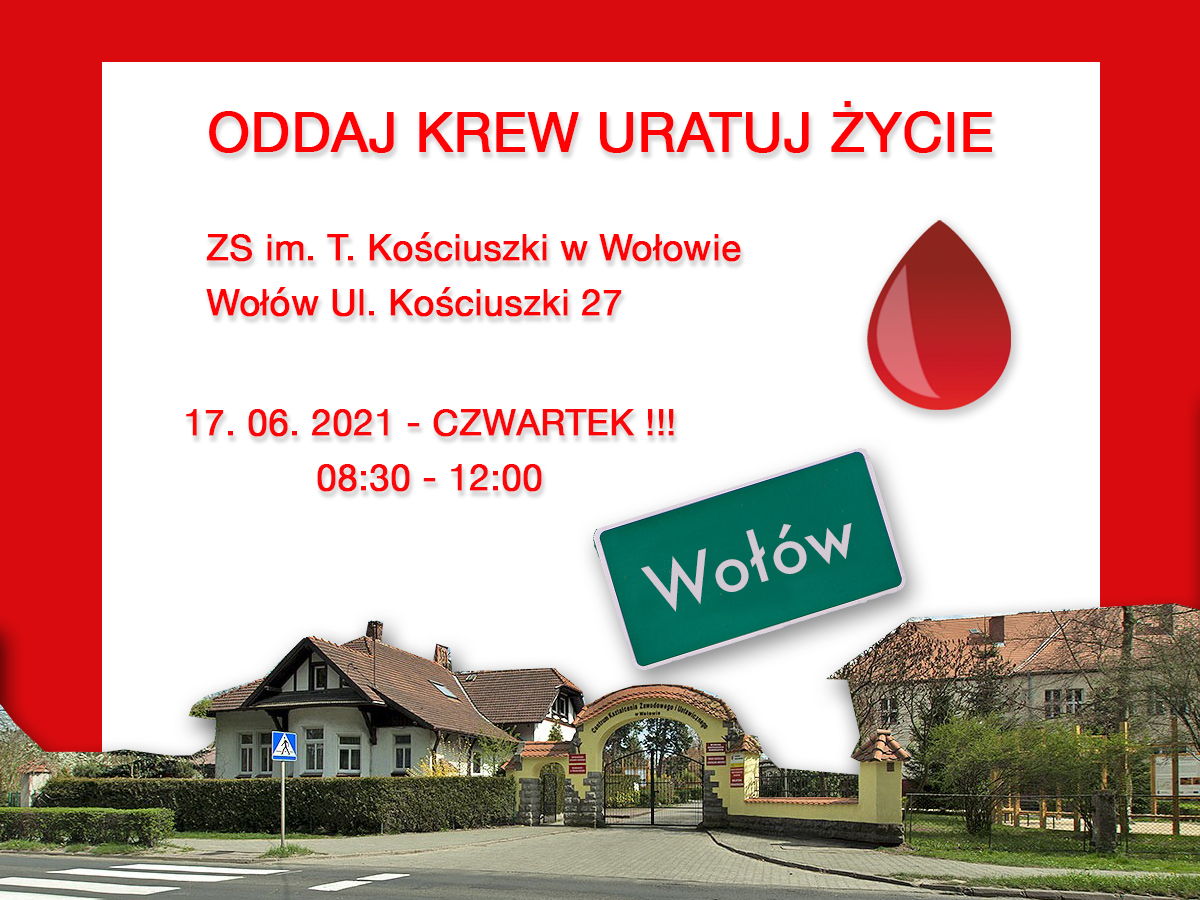 Zapraszamy na akcje krwiodawstwa do Wołowa - 17.06.2021 r.