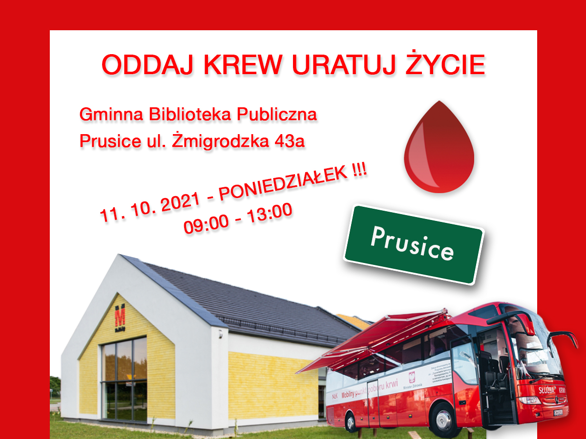 Zapraszamy na akcję krwiodawstwa do Prusic - 11.10.2021 r.