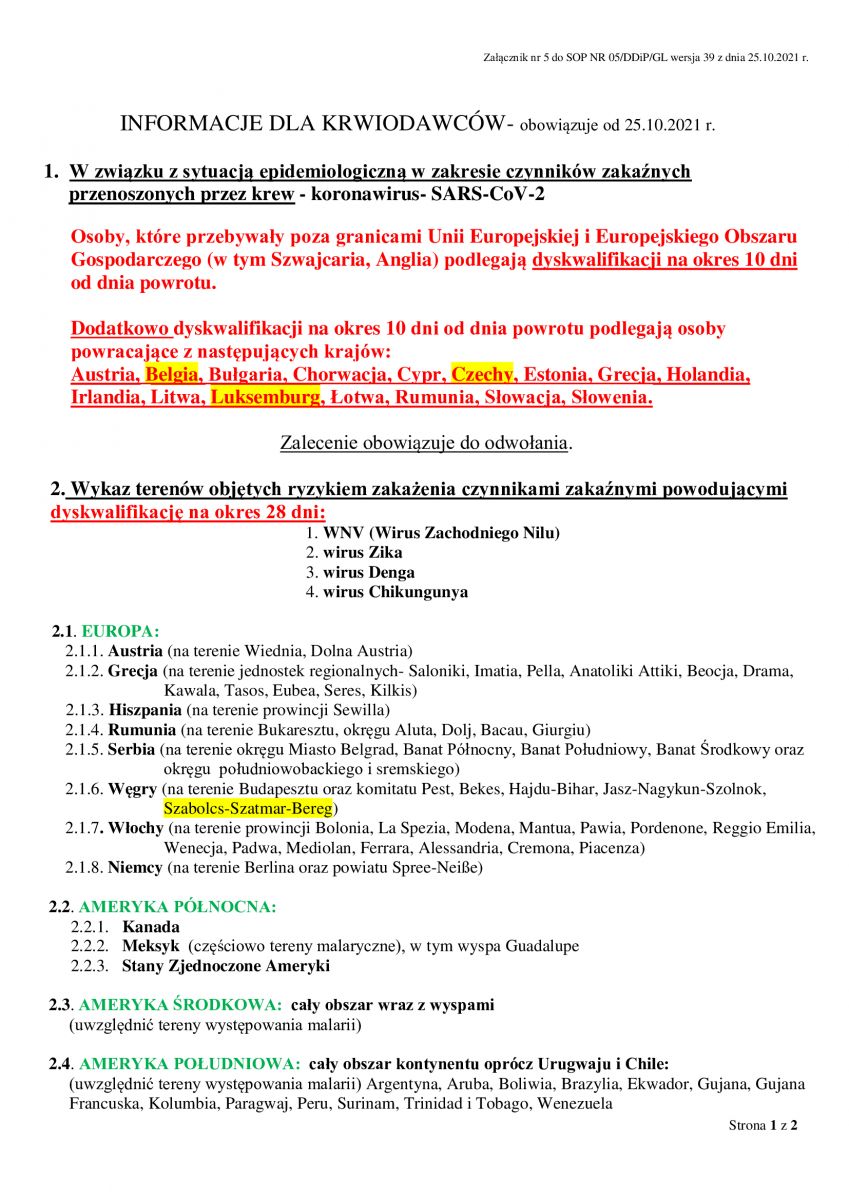 Informacja dla Krwiodawców