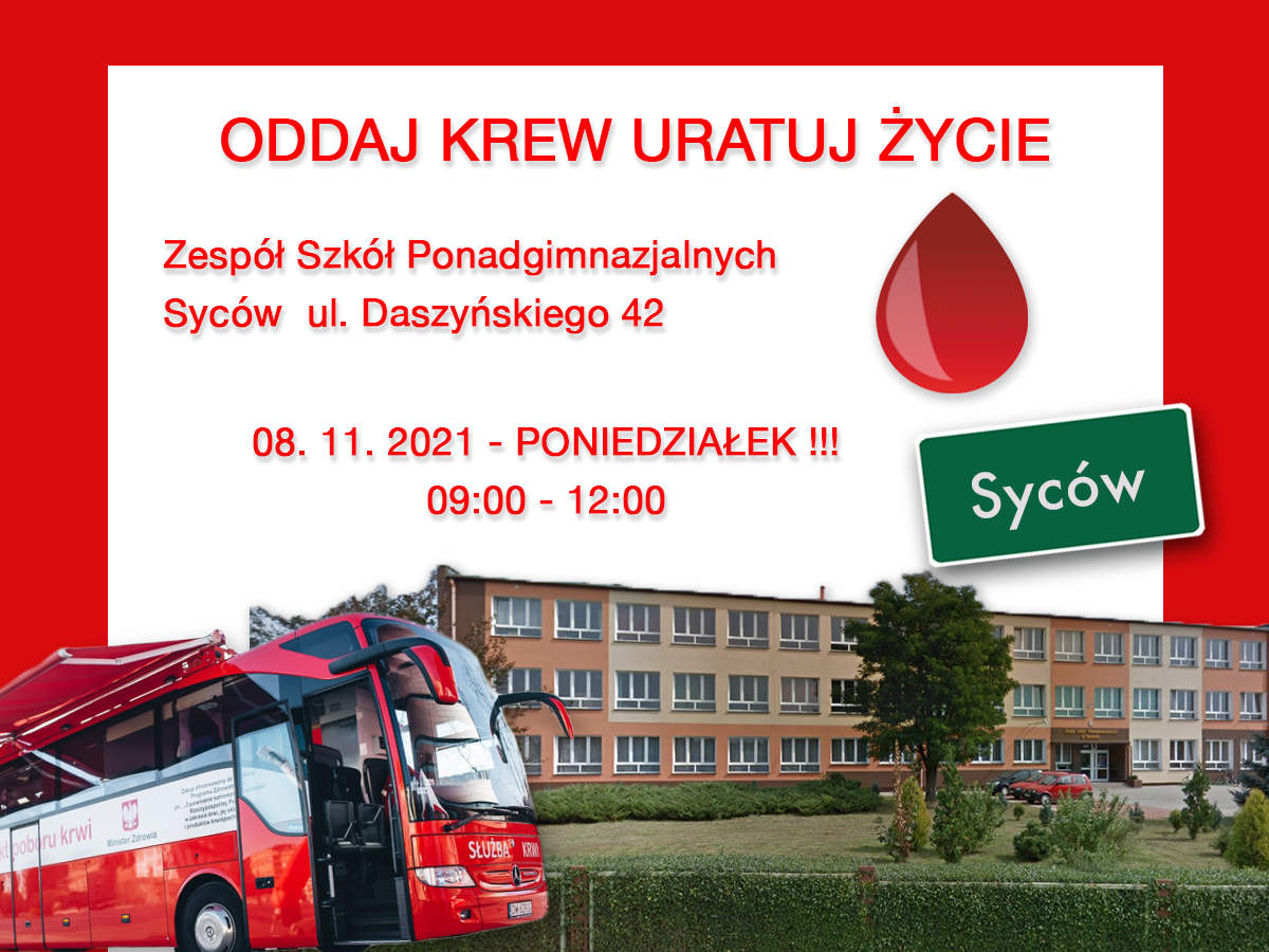 Zapraszamy na akcję krwiodawstwa do Sycowa - 8.11.2021 r.
