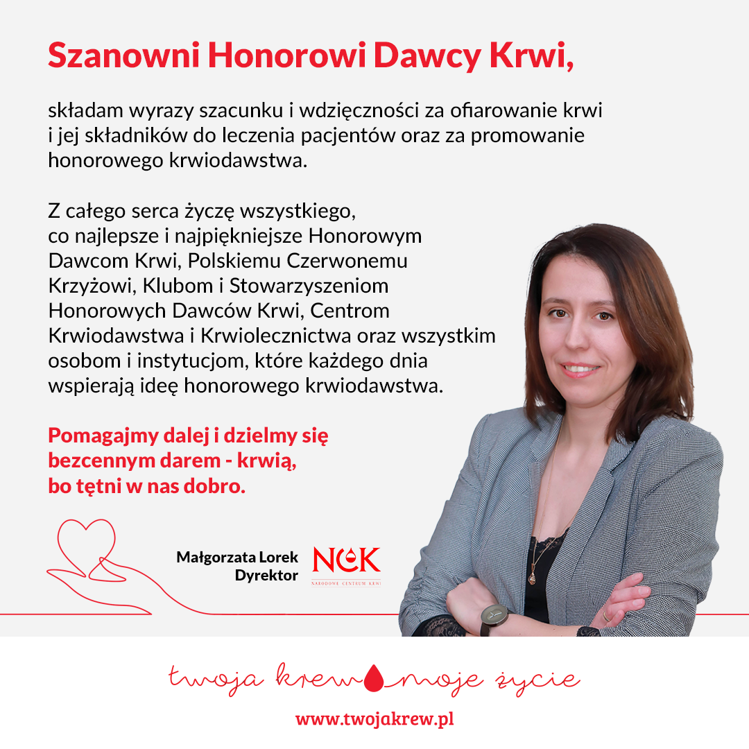 Życzenia Dyrektor Narodowego Centrum Krwi z Okazji Dni HDK PCK