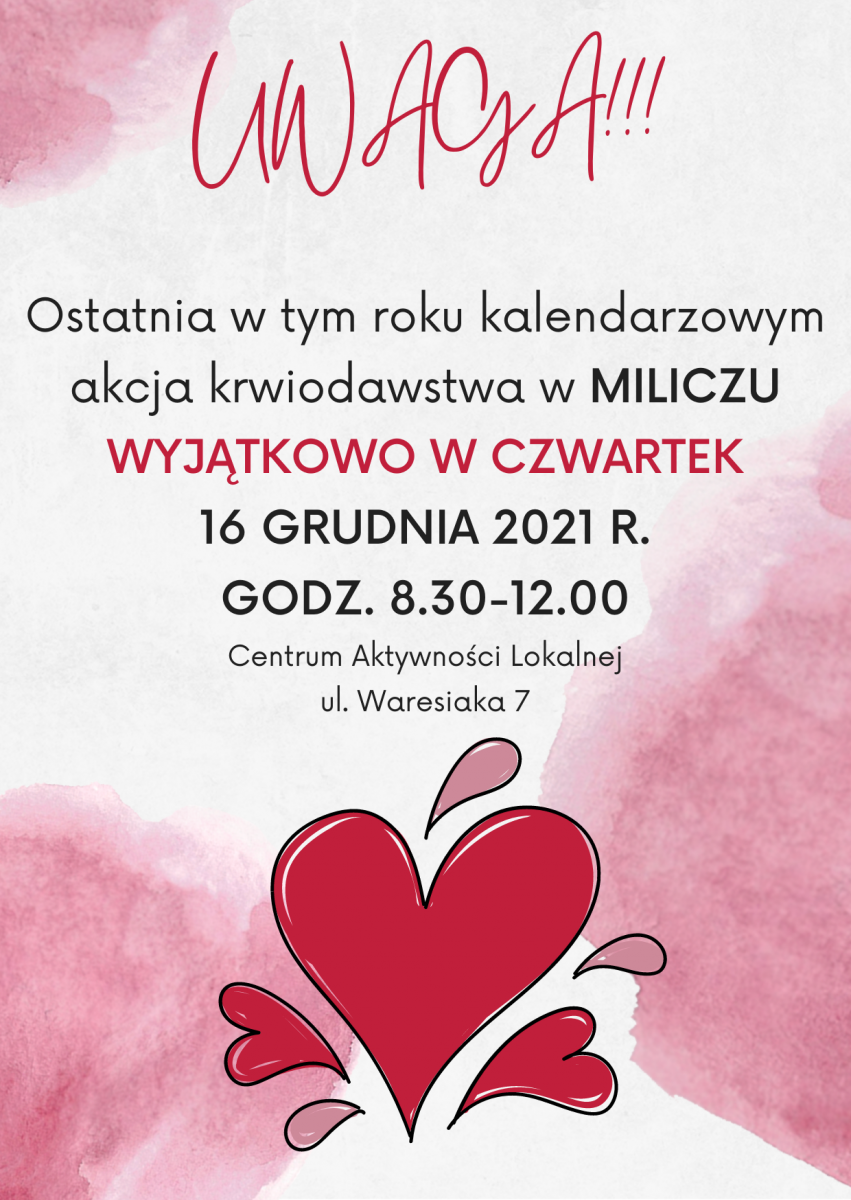 Akcja krwiodawstwa w Miliczu - 16.12.2021 r. (CZWARTEK!)