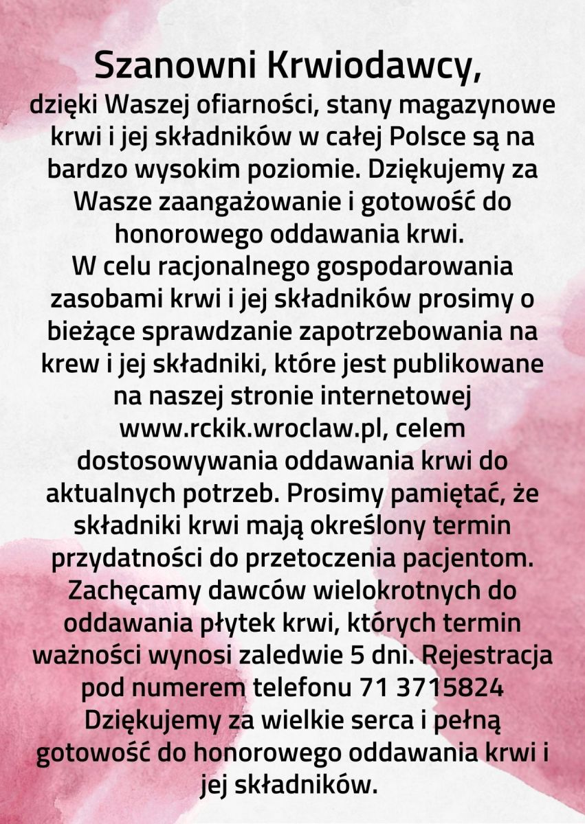Nadal bardzo wysokie stany krwi w RCKiK we Wrocławiu!