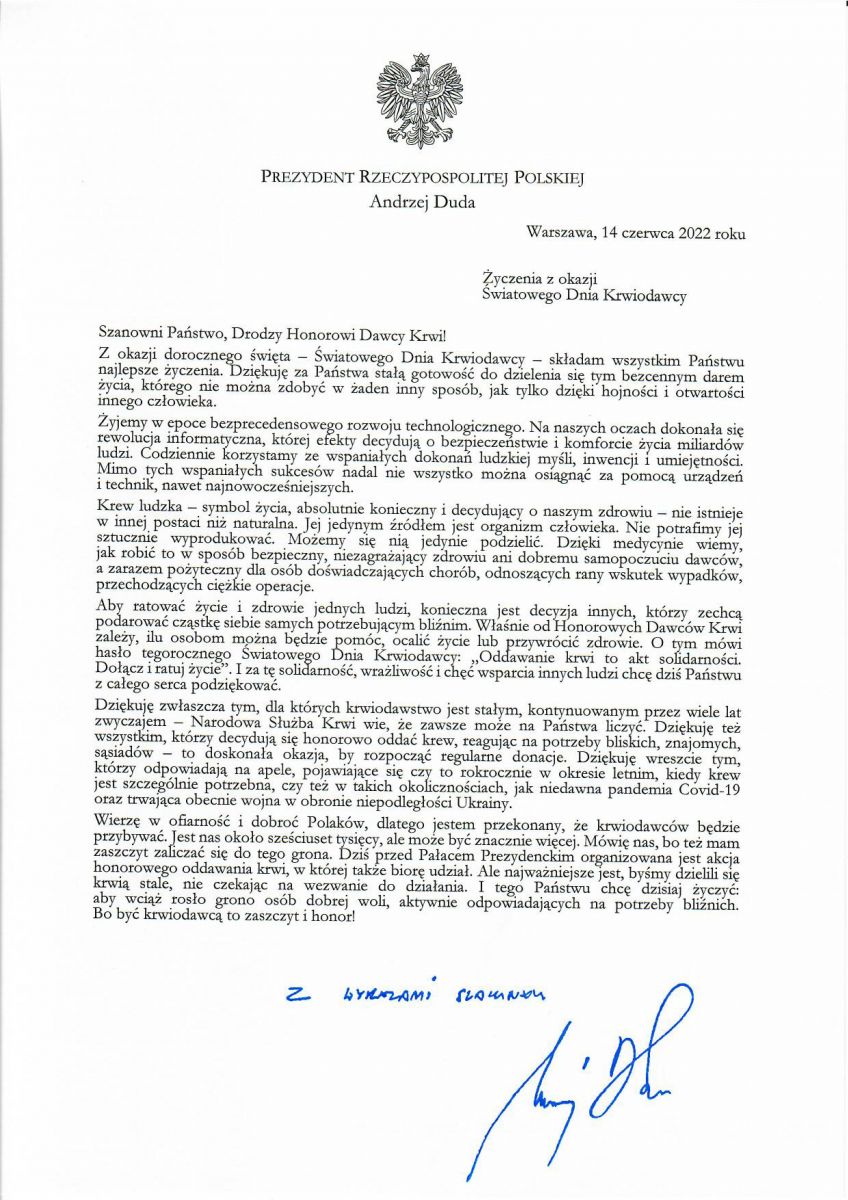 Życzenia Prezydenta RP z okazji Światowego Dnia Krwiodawcy