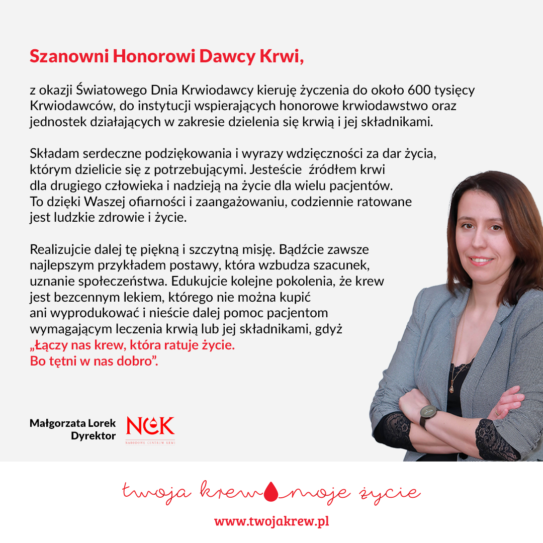 Życzenia Dyrektor Narodowego Centrum Krwi z okazji Światowego Dnia Krwiodawcy