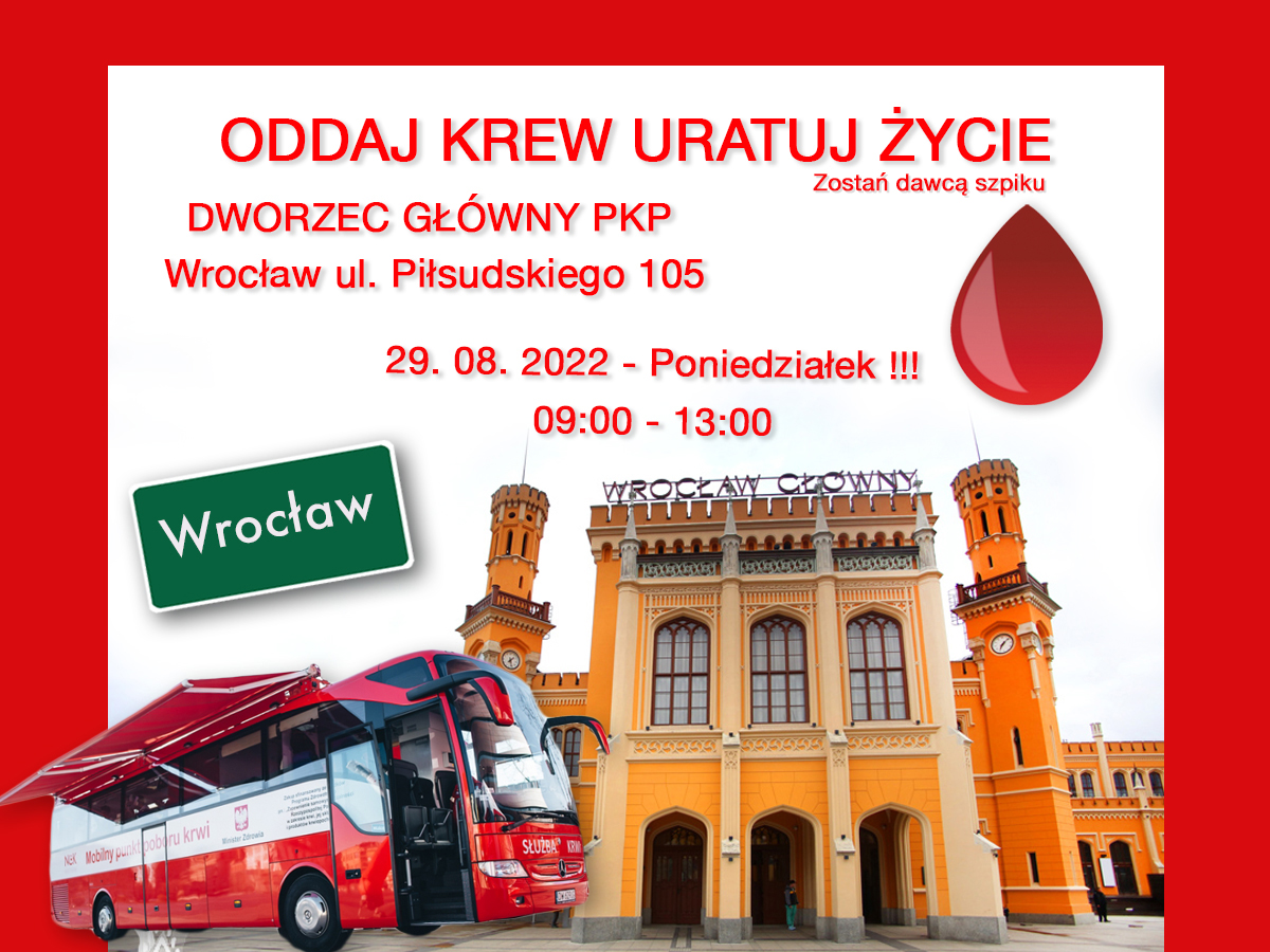 Wakacyjna akcja krwiodawstwa przed Dworcem Głównym PKP we Wrocławiu