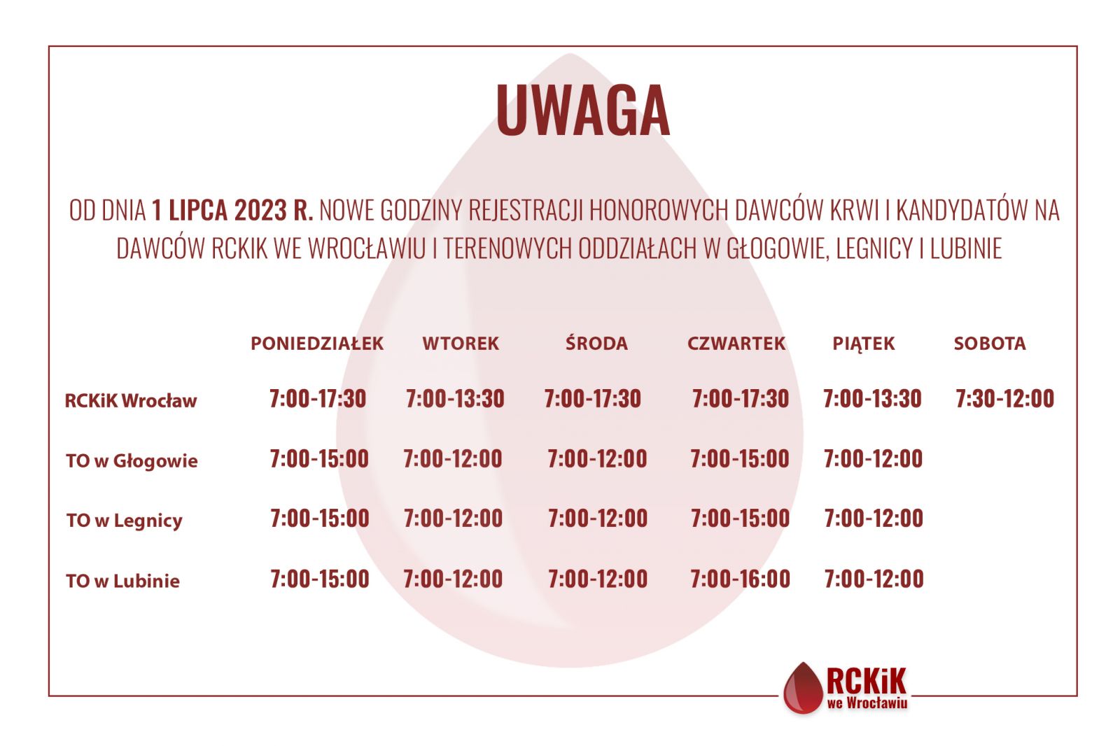 Zmiana godzin rejestracji od 1 lipca br.
