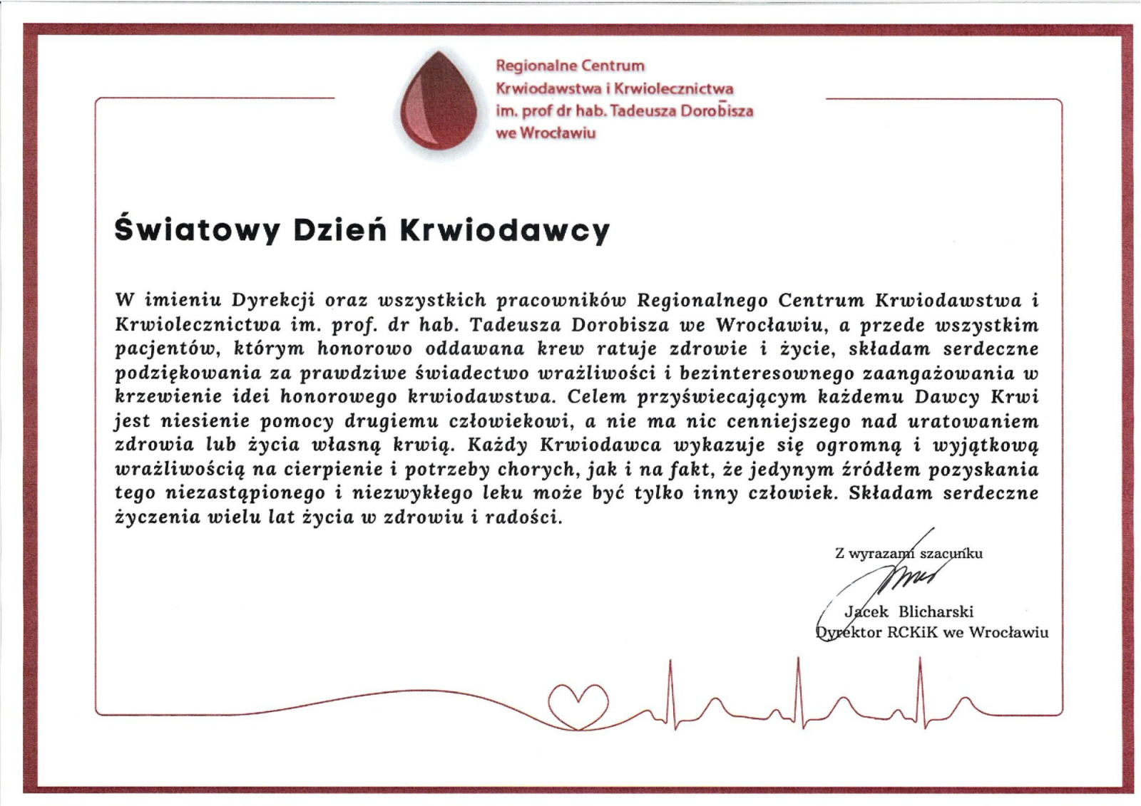 Życzenia Dyrektora RCKiK we Wrocławiu z okazji Światowego Dnia Krwiodawcy