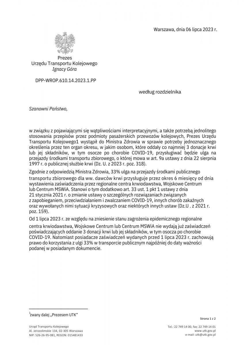 Zniżka PKP 33% dla Honorowych Dawców Krwi