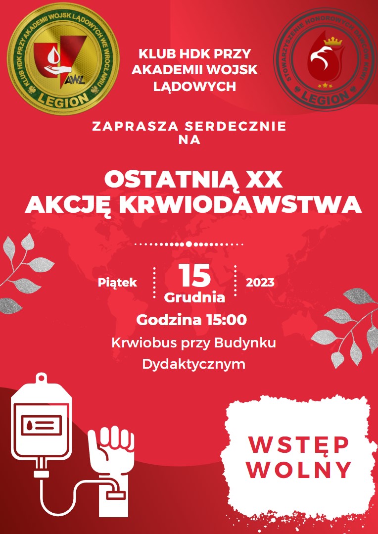 Klub HDK PCK przy AWL zaprasza do udziału w akcji krwiodawstwa - 15.12.2023 r.