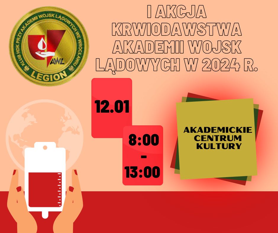 Zapraszamy do oddania krwi w AWL - 12 stycznia 2024 r.