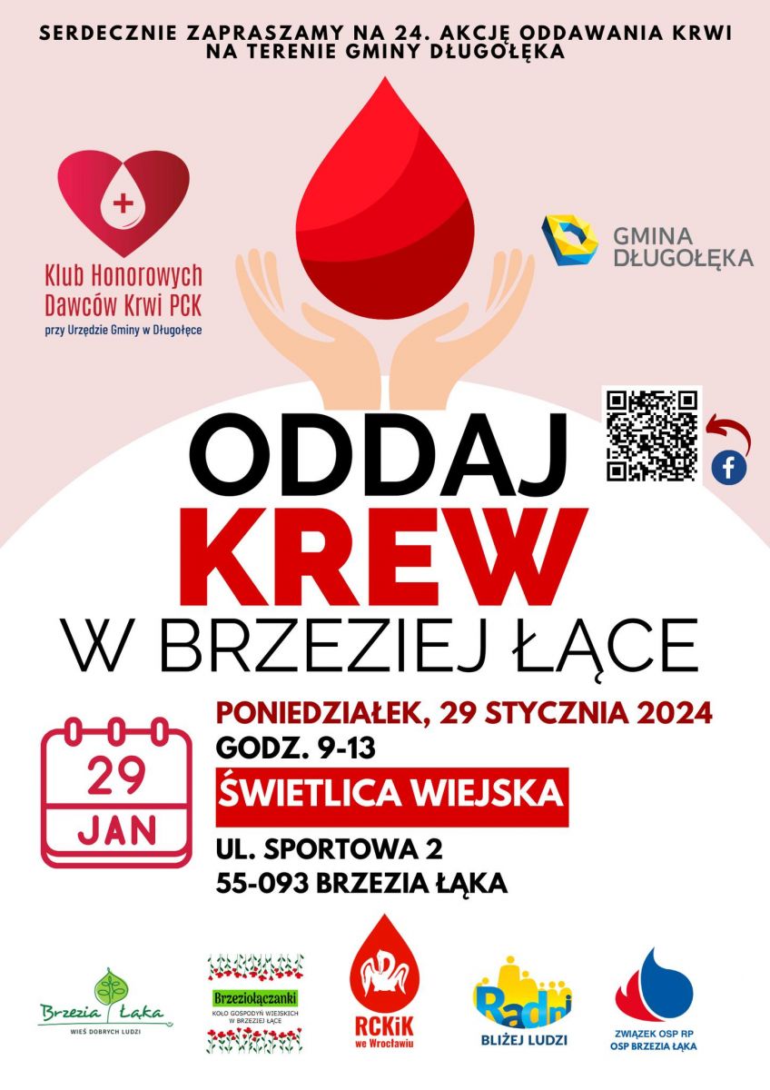 Zapraszamy na akcję krwiodawstwa do Brzeziej Łąki - 29.01.2024 r.