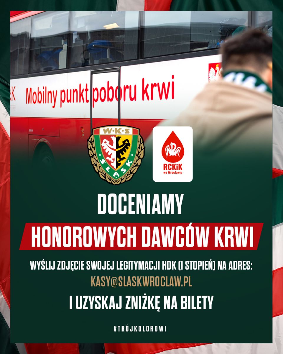 Śląsk Wrocław wspólnie z Regionalnym Centrum Krwiodawstwa i Krwiolecznictwa (RCKiK) we Wrocławiu docenia Honorowych Dawców Krwi