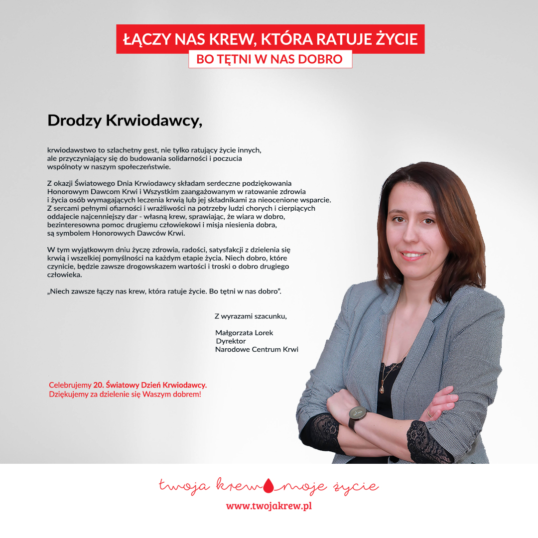 Życzenia Dyrektora Narodowego Centrum Krwi z okazji Światowego Dnia Krwiodawcy