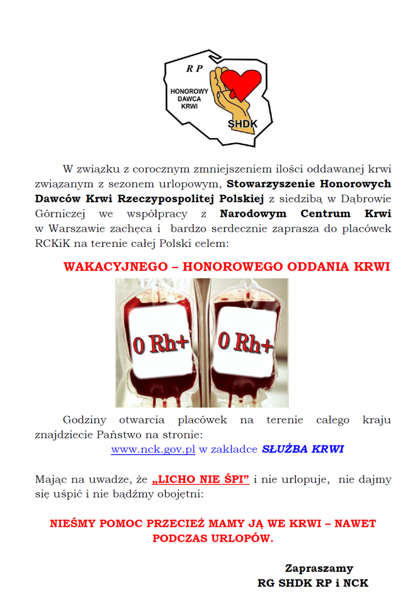 Wakacyjne Honorowe Oddawanie Krwi