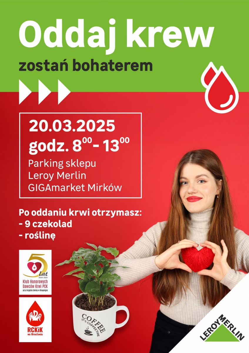 Klub HDK PCK przy Urzędzie Gminy w Długołęce zaprasza do oddania krwi na akcji w Mirkowie - 20.03.2025 r. (CZWARTEK)
