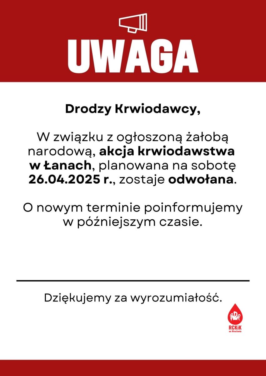 Odwołana akcja krwiodawstwa w Łanach - 26.04.2025 r.