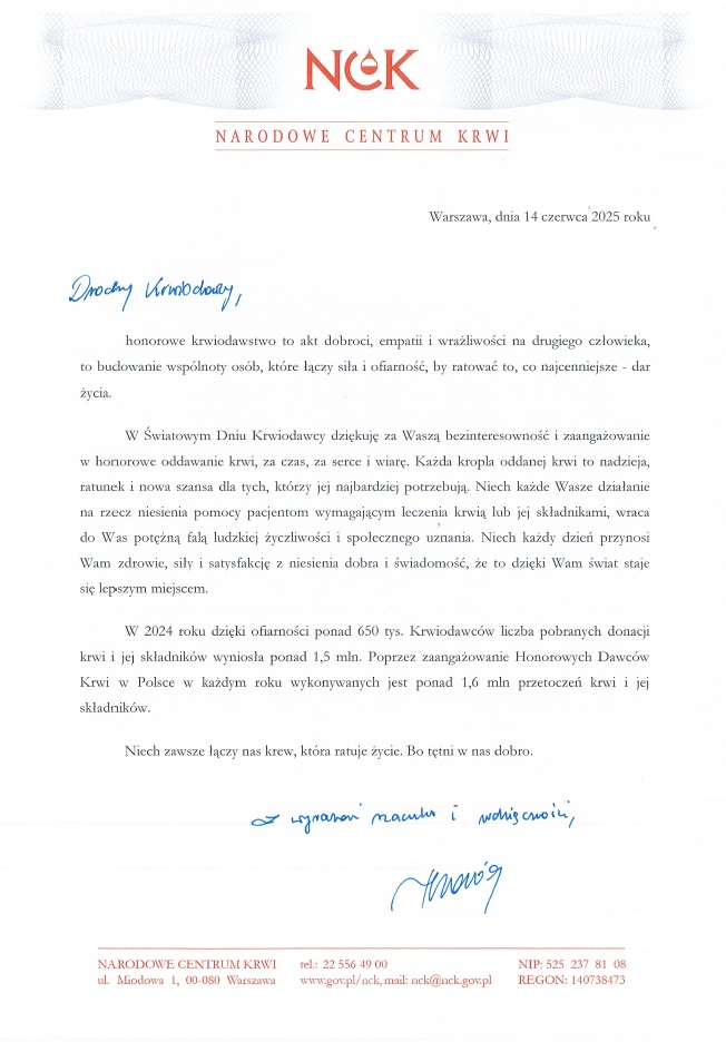 Życzenie dla naszych Krwiodawców z Narodowego Centrum Krwi