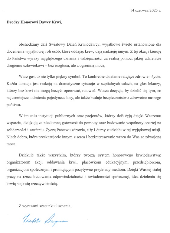 Życzenie dla naszych Krwiodawców od Pani Minister Zdrowia