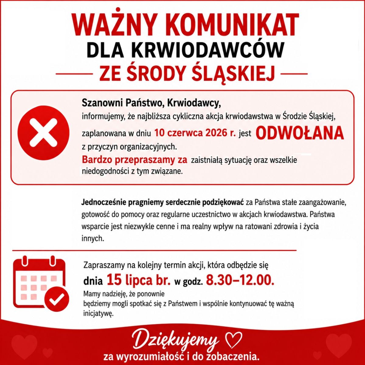 Najbliższa cykliczna akcja krwiodawstwa w Środzie Śląskiej jest ODWOŁANA