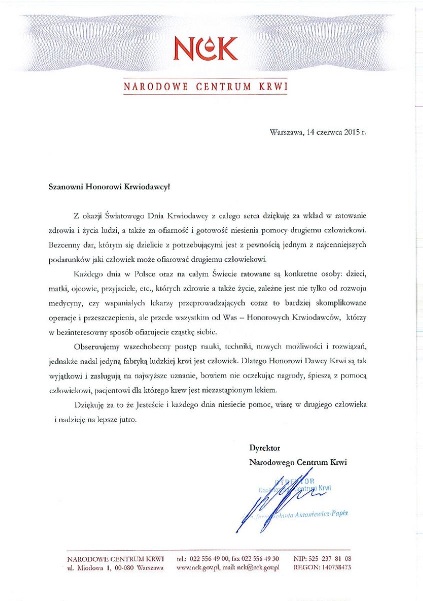 Życzenia od Dyrektora Narodowego Centrum Krwi